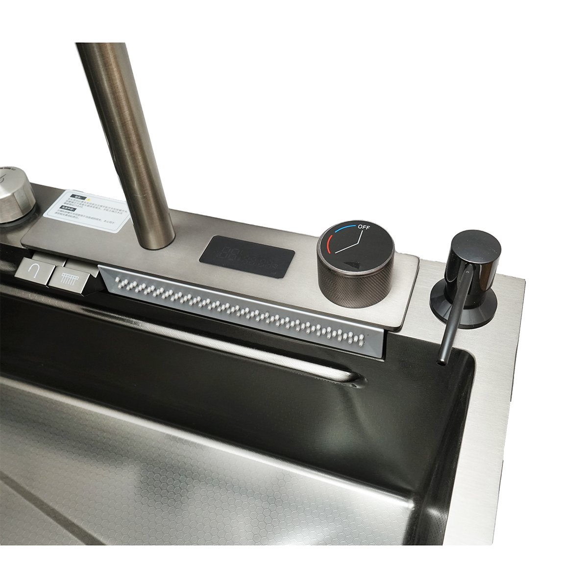 Chiuveta bucatarie multifunctionala cu doua baterii, otel inoxidabil, afisaj digital temperatura, functie cascada, dozator sapun, scurgator, tava, tocator si accesorii scurgere incluse, dimensiune 75x46x23.5cm
